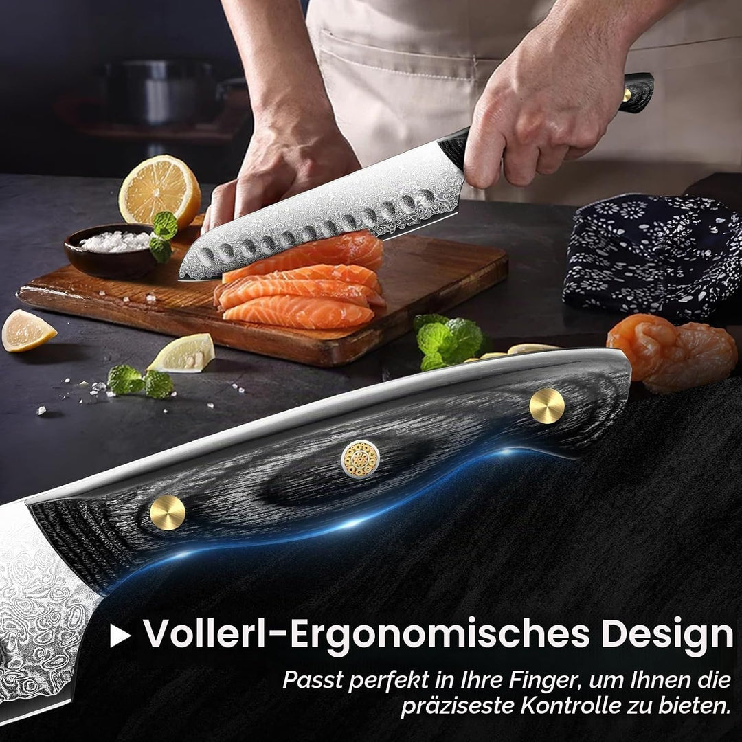 Purple Dragon Damast Santoku Messer - Küchenmesser mit VG10 Kernen und Holzgriff – Handgeschmiedetes