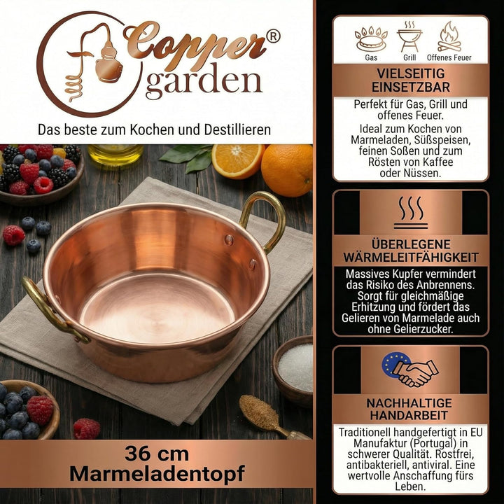 CopperGarden Sossen- & Marmeladentopf 12 Liter I Kochtopf aus Kupfer mit 36 cm Durchmesser I grosser