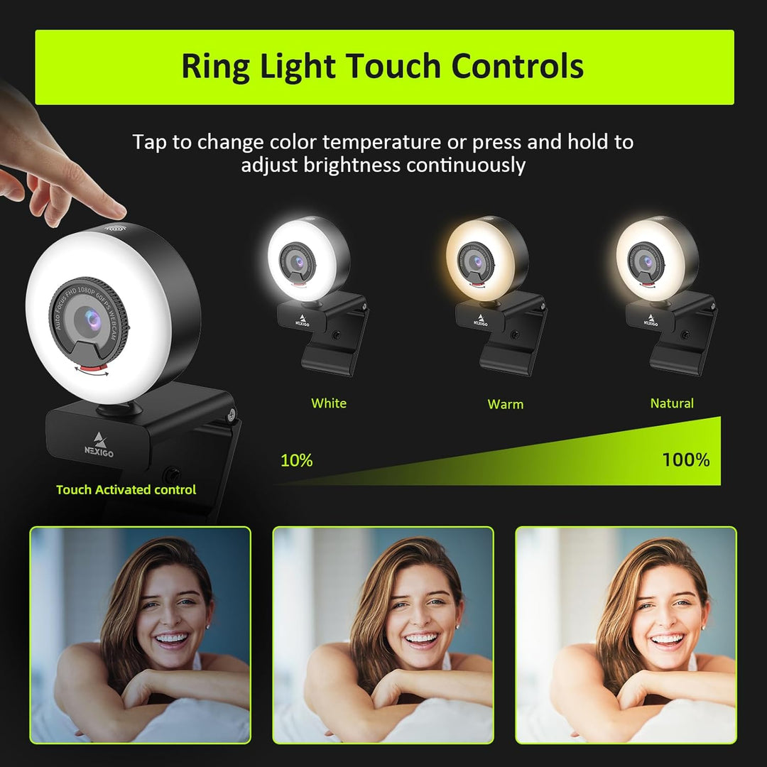 NexiGo N960E 60FPS Autofokus 1080P Webcam mit 2 Stereo Mikrofon, Ringlicht und Abdeckung, USB Kamera