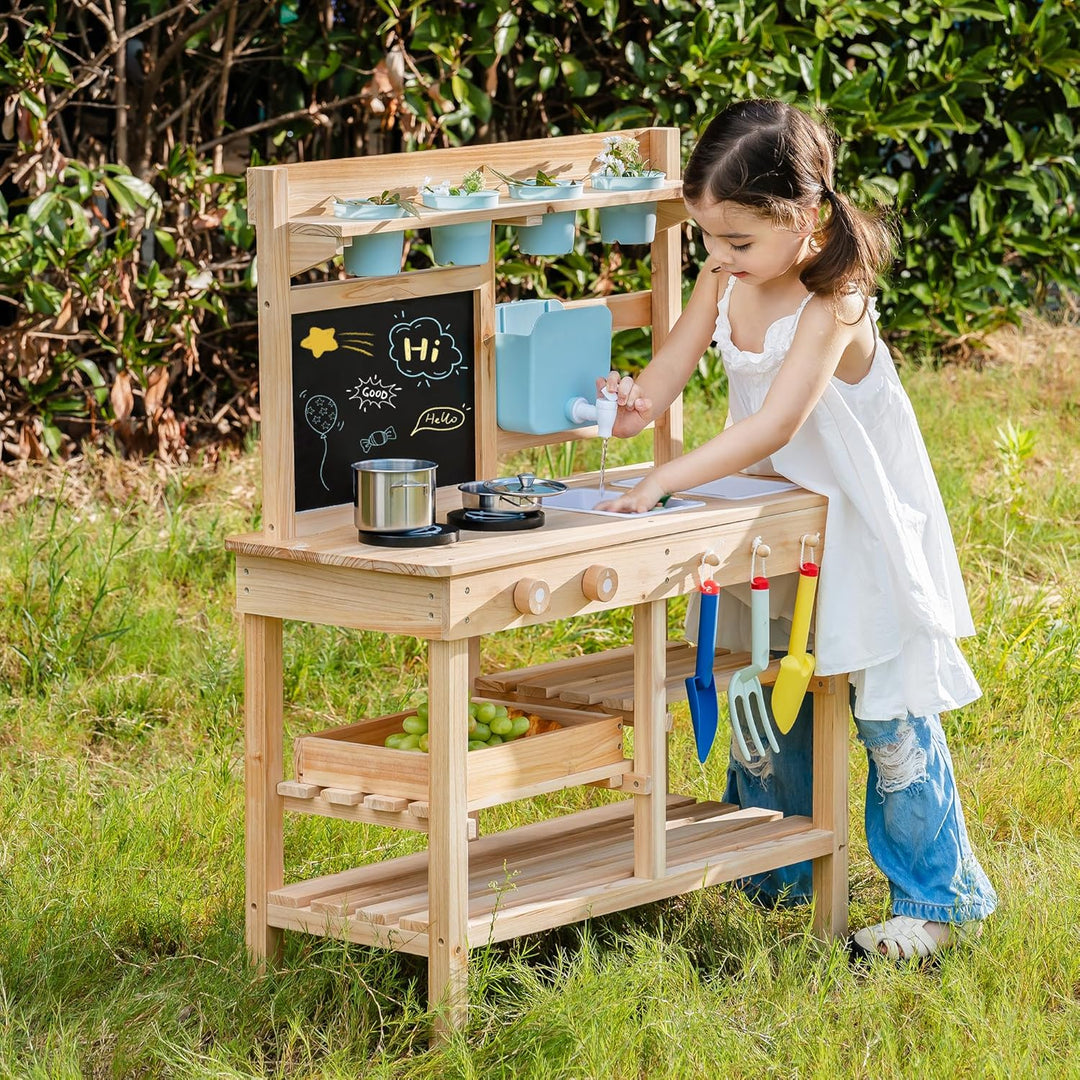 ROBUD Holz-Schmutzküche für Kinder, Spielküche für draussen mit echtem Wasserhahn, Abnehmbarer Spüle