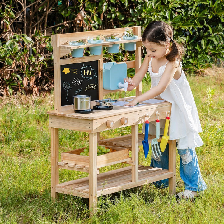 ROBUD Holz-Schmutzküche für Kinder, Spielküche für draussen mit echtem Wasserhahn, Abnehmbarer Spüle