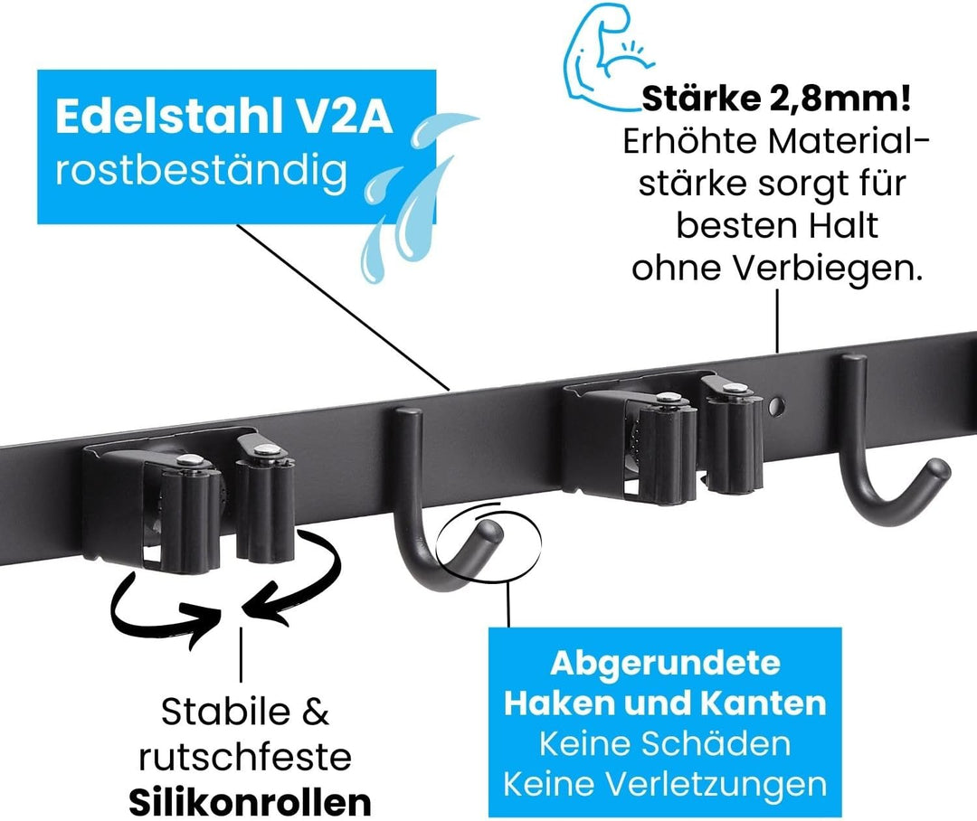 Stahlia Besenhalterung Wand Edelstahl Gerätehalter 3 Haken + 4 Halter Schwarz-matt schraubbar & selb