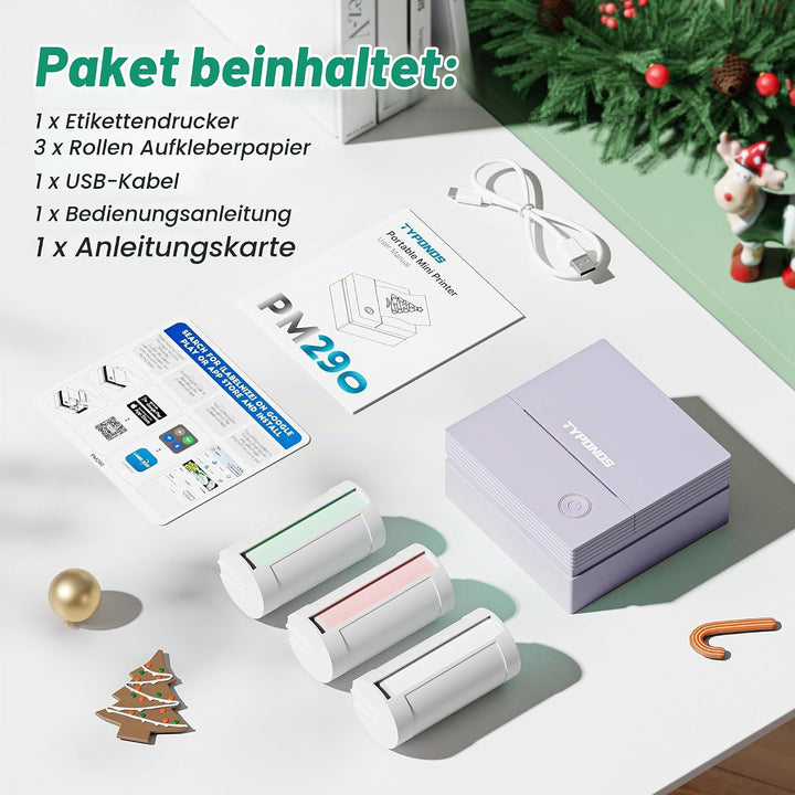 Sticker Drucker, PM290 Mini Drucker für Smartphone, Bluetooth Thermodrucker Mini mit 3 Rollen Papier