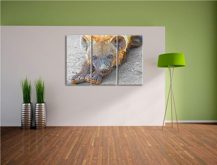 niedliche kleine Hyäne schwarz/weiss Deluxe 3-Teiler Leinwandbild 120x80 Bild auf Leinwand, XXL ries