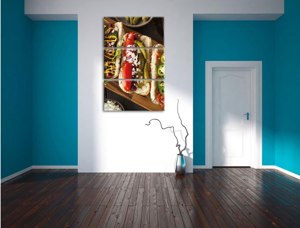 Pixxprint Amerikanische Hotdogs als Leinwandbild 3 teilig/Grösse: 3 Teilig (120x80) / Wandbild/Kunst