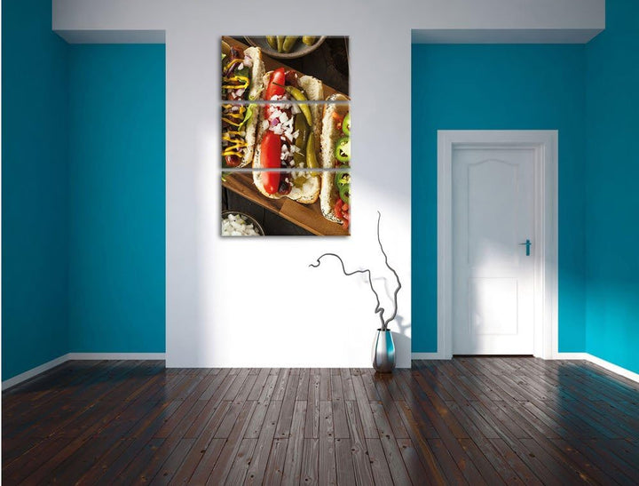 Pixxprint Amerikanische Hotdogs als Leinwandbild 3 teilig/Grösse: 3 Teilig (120x80) / Wandbild/Kunst