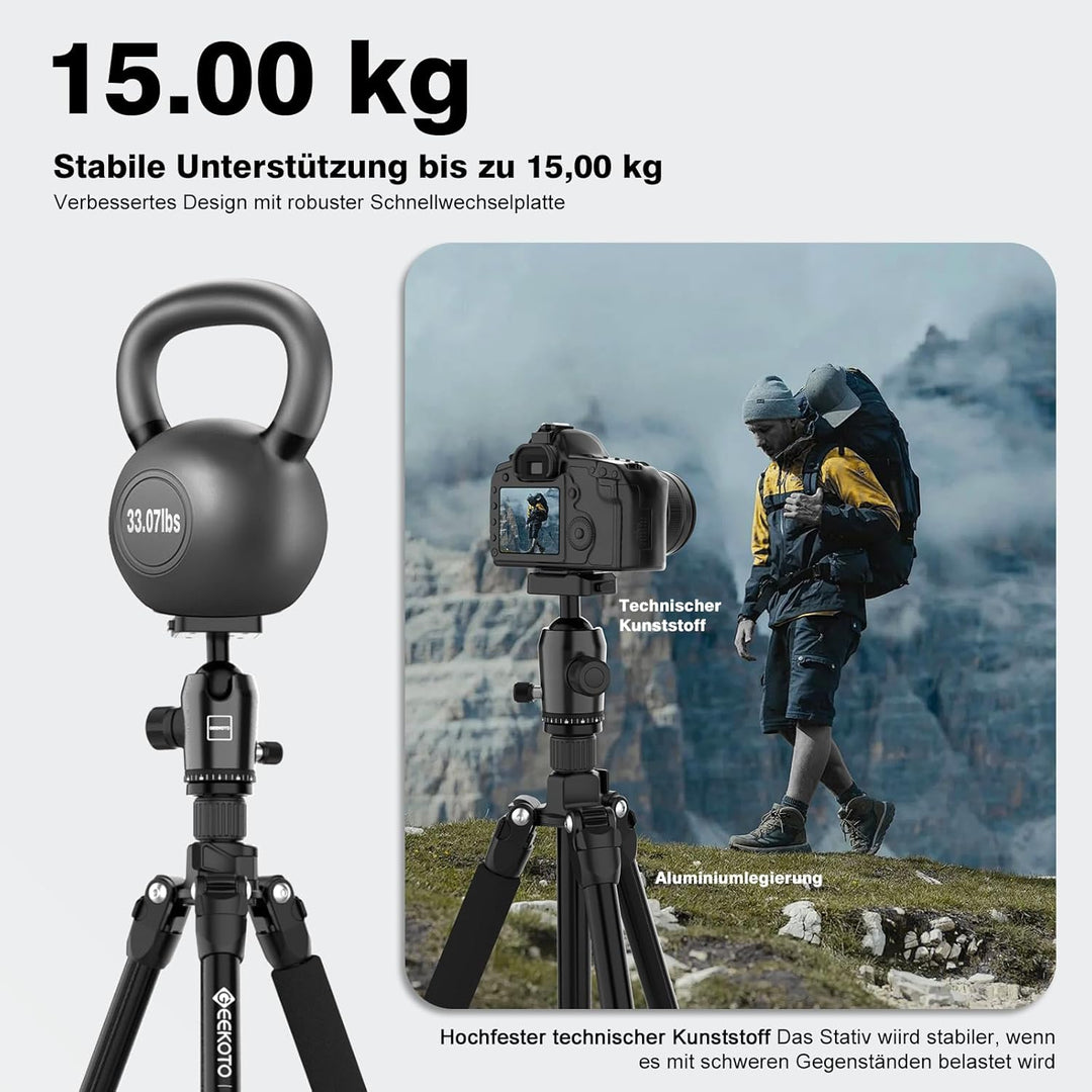 GEEKOTO 77”Kamera Stativ, DSLR Camera Tripod Aluminum Reisestativ mit Einbeinstativ und 360° Panoram