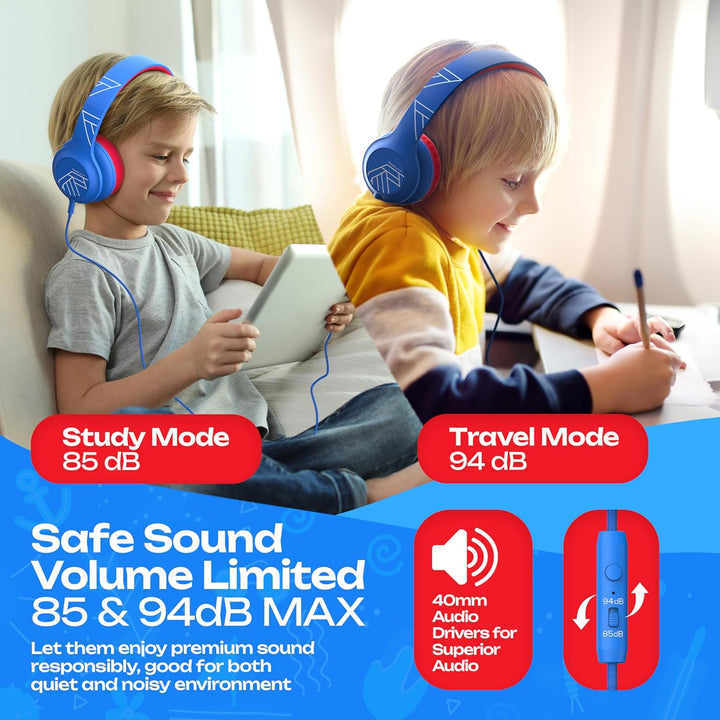 PowerLocus Kinder Kopfhörer mit Kabel, 85/94dB Sichere Lautstärke, 3.5mm Aux Jack, Hi-Fi Stereo, Hoc