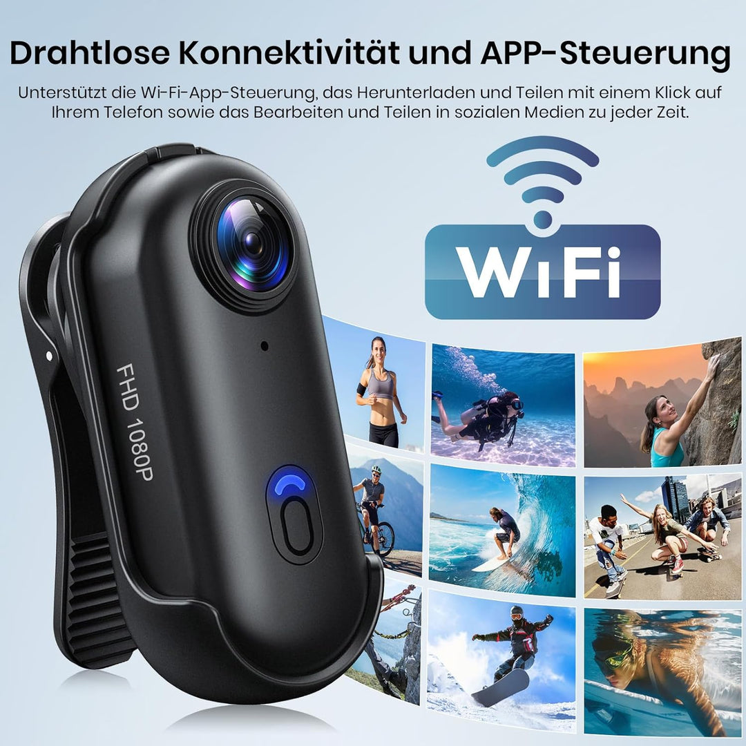 Action Cam, Mini-Actionkamera, Bodycam 120°-Weitwinkel, wasserdicht bis 30 m, freihändige POV, 150 M