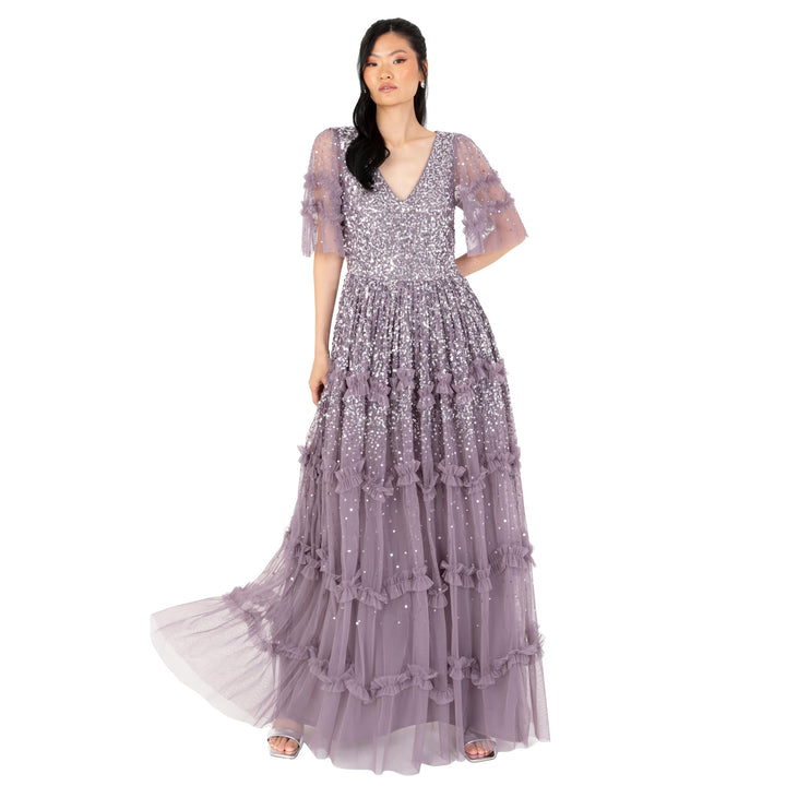 Maya Deluxe Damen Women's Maxi Ladies V-Neck Sequin Embellished Ruffle Detail for Wedding Guest Brid