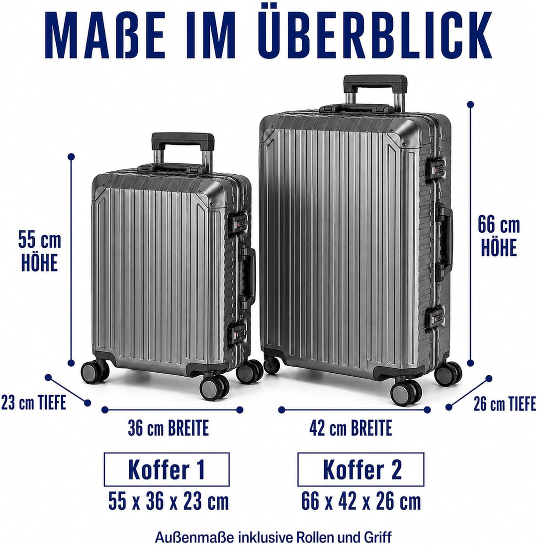Travelhouse Tokyo Alu Reisekoffer Graphit S-55cm & M-66cm Hartschalenkoffer Reise Trolley Koffer Set
