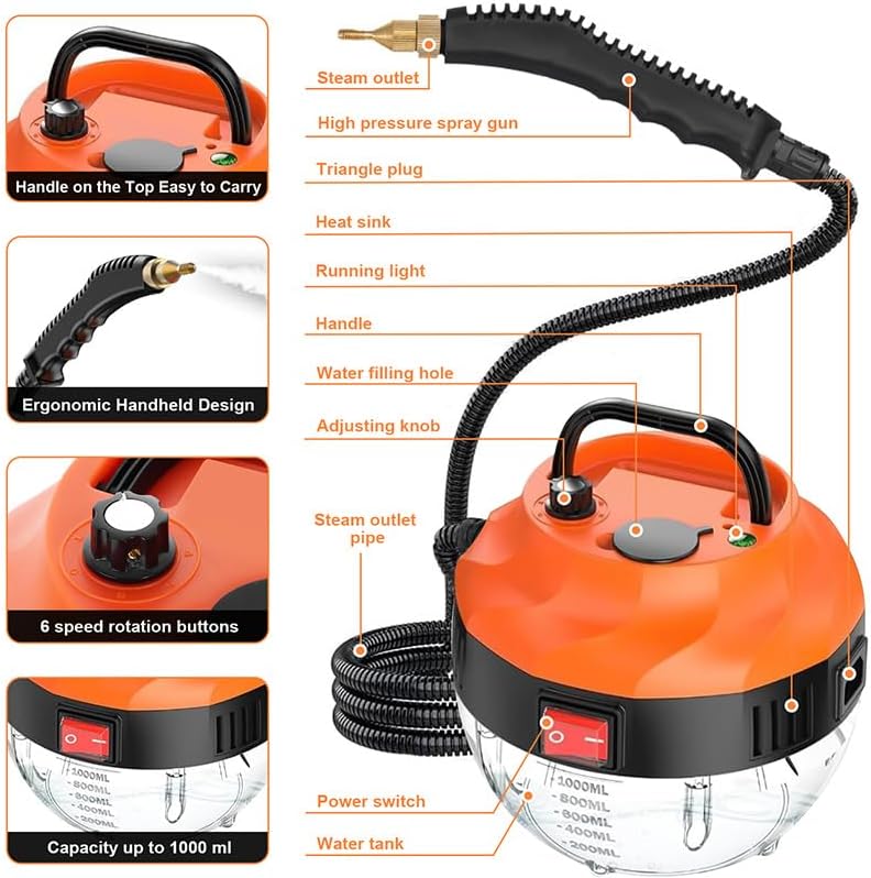 3800W Handdampfreiniger, 6 Geschwindigkeitsstufen, 1L Wassertank Steam Cleaner, Dampfreiniger Handge