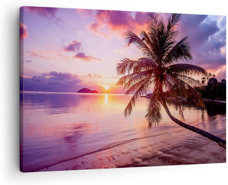 Bilder auf Leinwand Strand Meer Palme Leinwandbild mit Rahmen 70x50cm Wandbilder Dekoration Wohnzimm