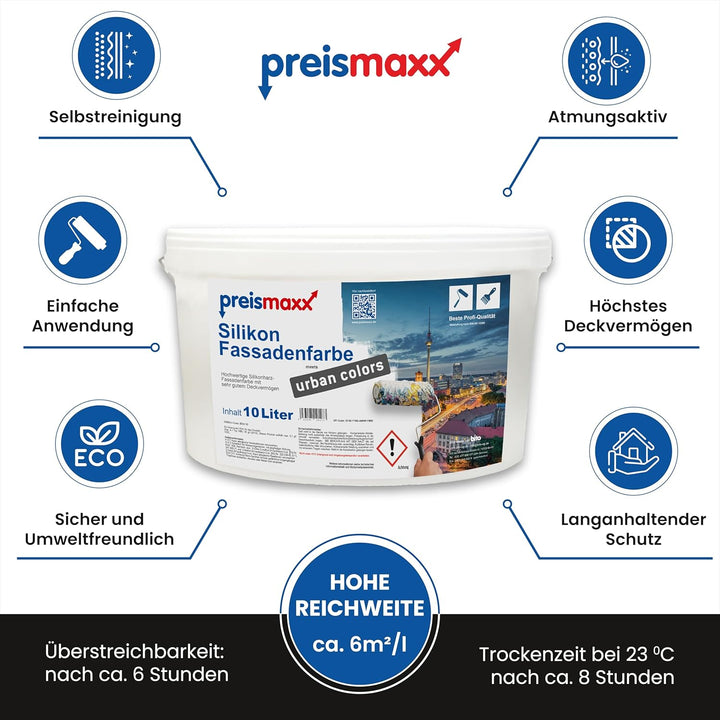 Preismaxx Silikonharz Fassadenfarbe, Weiss 10 Liter, hochwertige, matte, wasserabweisende Aussen-Dis