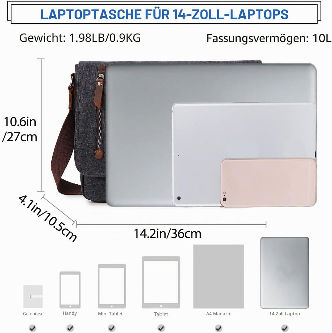 VX VONXURY Umhängetasche für Männer und Frauen, Canvas 14 Zoll Laptoptasche Messenger Bag Arbeitstas