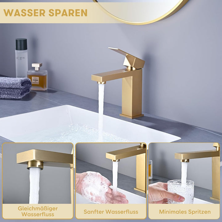 Wasserhahn Bad Gold - Waschtischarmatur Mit Geräuscharmem Keramischem Ventilkern, Mischbatterie Wasc