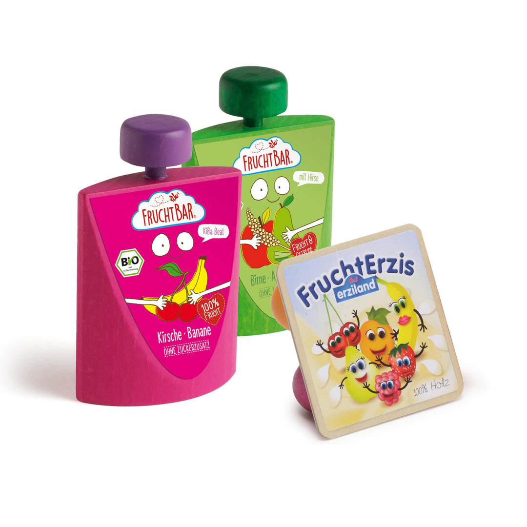 Erzi 03092 Kaufladenartikel für Kinder aus Holz, Set FruchtErzis und Quetschie Birne und KiBa von Fr