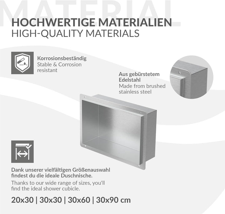 LuxeBath Wandnische aus Edelstahl, 20x30x10 cm, Silber, Duschnische, Randlos, Einbauregal, Flexibler