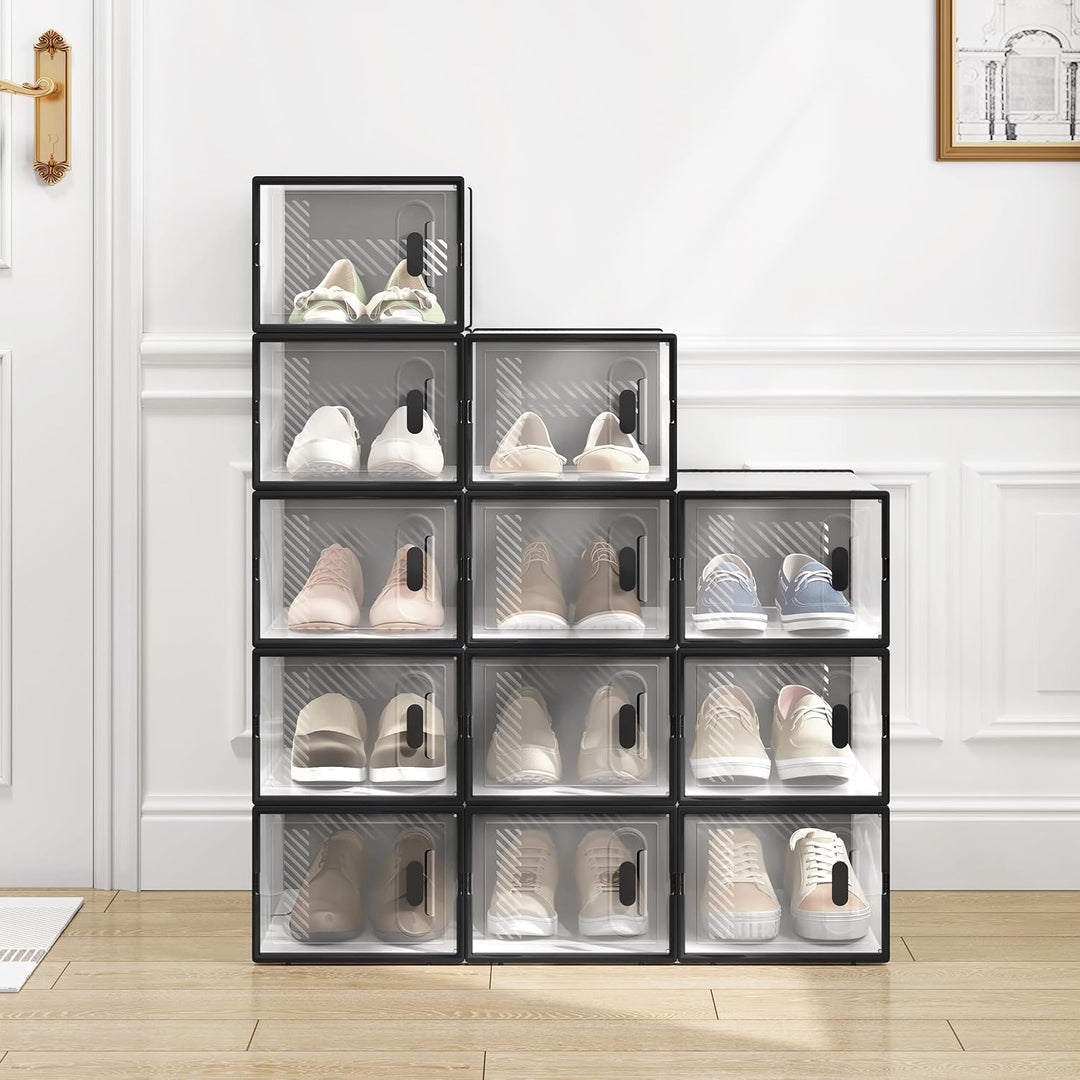 WOLTU Schuhbox stapelbar, 12er Set, Schuhkarton mit magnetischer Tür, Kunststoffbox für Schuhaufbewa