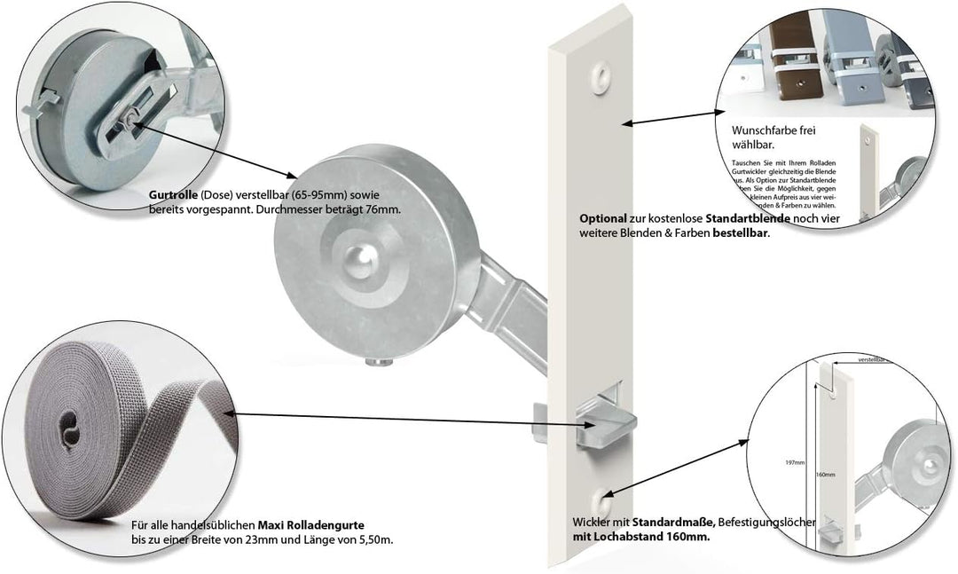 markiso® Rolladen Gurtwickler unterputz, Rollladen Aufwickler Lochabstand 160mm | 10 Stück | für Max