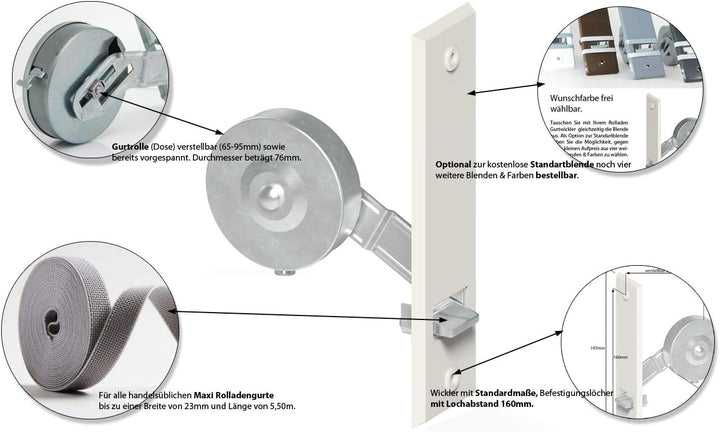 markiso® Rolladen Gurtwickler unterputz, Rollladen Aufwickler Lochabstand 160mm | 10 Stück | für Max