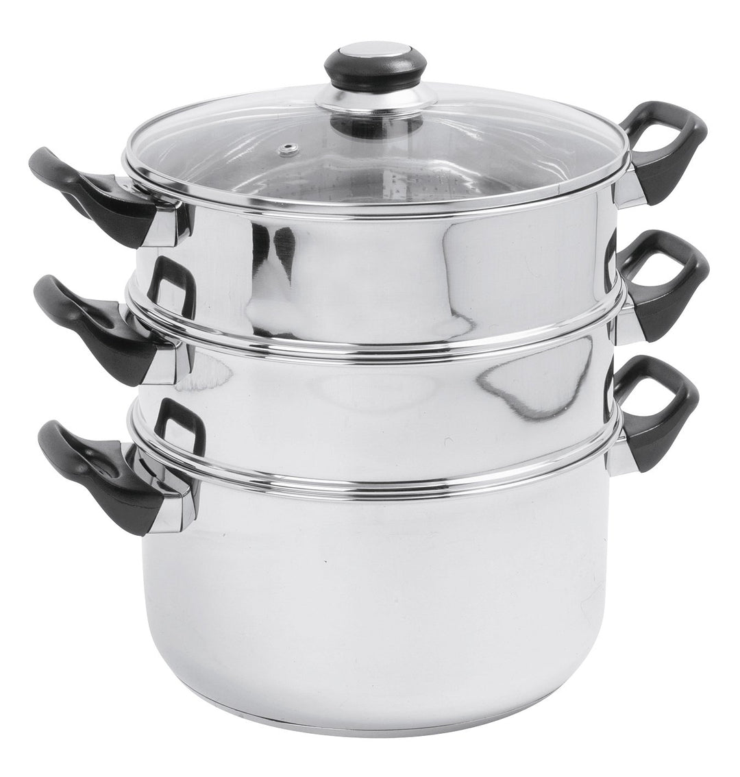 Crealys 503443 Dampfgarer 3-Fach Edelstahl, mit Glasdeckel, Durchmesser: 24 cm