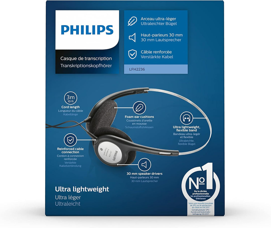 Philips LFH2236 Stereo Kopfhörer für Diktier-und Wiedergabegeräte mit 3.5 mm Klinkenstcker, Ohrpolst