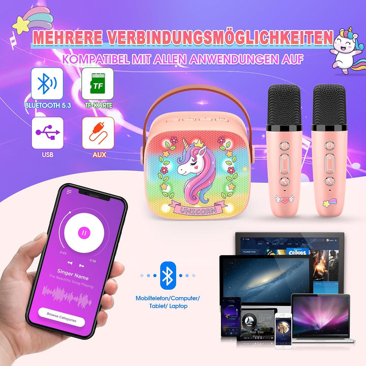 Dislocati Karaoke Maschine mit 2 Bluetooth Mikrofon Kinder, Einhorn Geschenk für Mädchen 3-12 Jahre