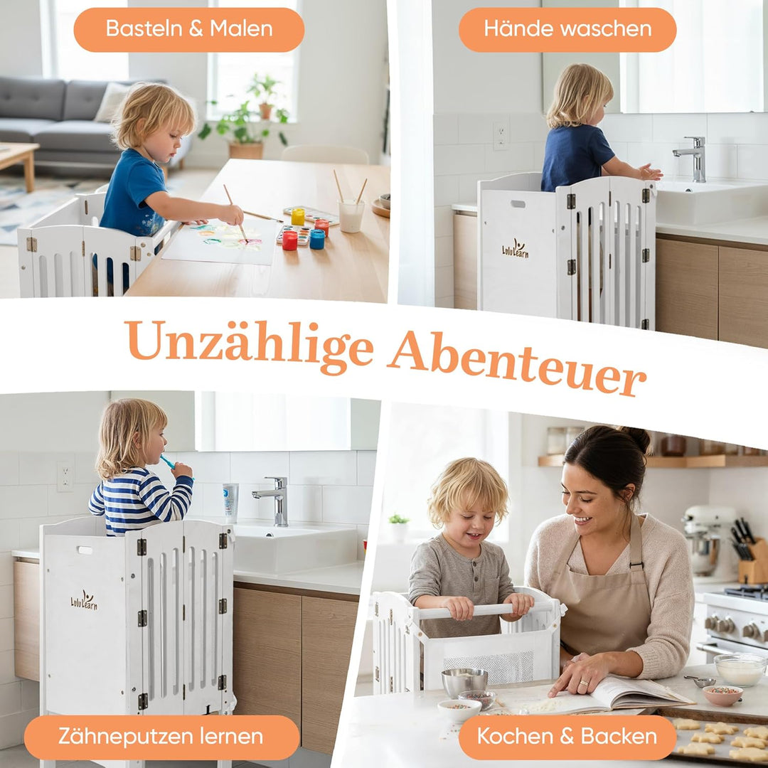 Lernturm ab 1 Jahr [FALTBAR] – Montessori Learning Tower, vormontiert, höhenverstellbar & extra sich