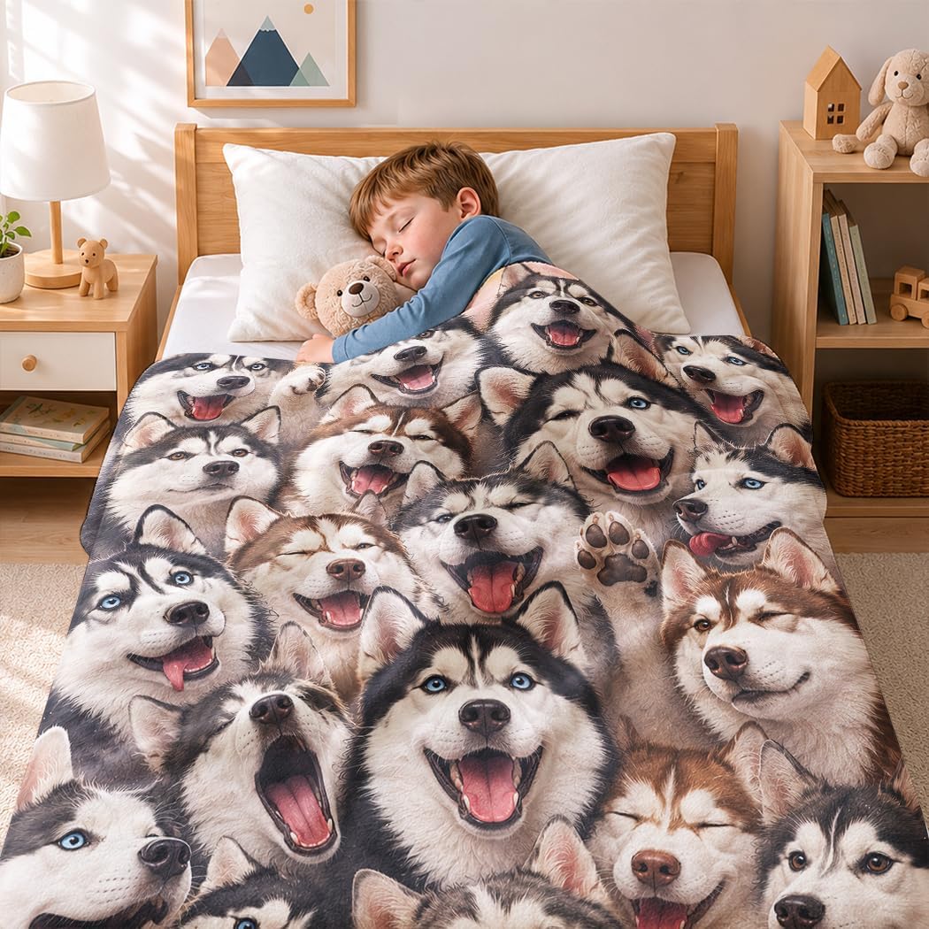 Husky Collage Flanell Decke, Lustige Wohndecke mit Husky-Gesichtern, Hundedecke für Hundefans, 150x2