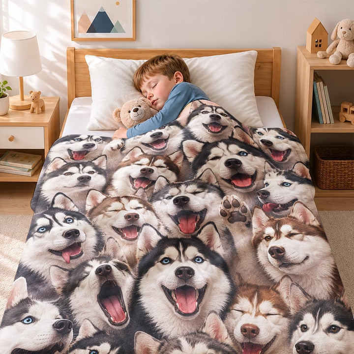Husky Collage Flanell Decke, Lustige Wohndecke mit Husky-Gesichtern, Hundedecke für Hundefans, 150x2