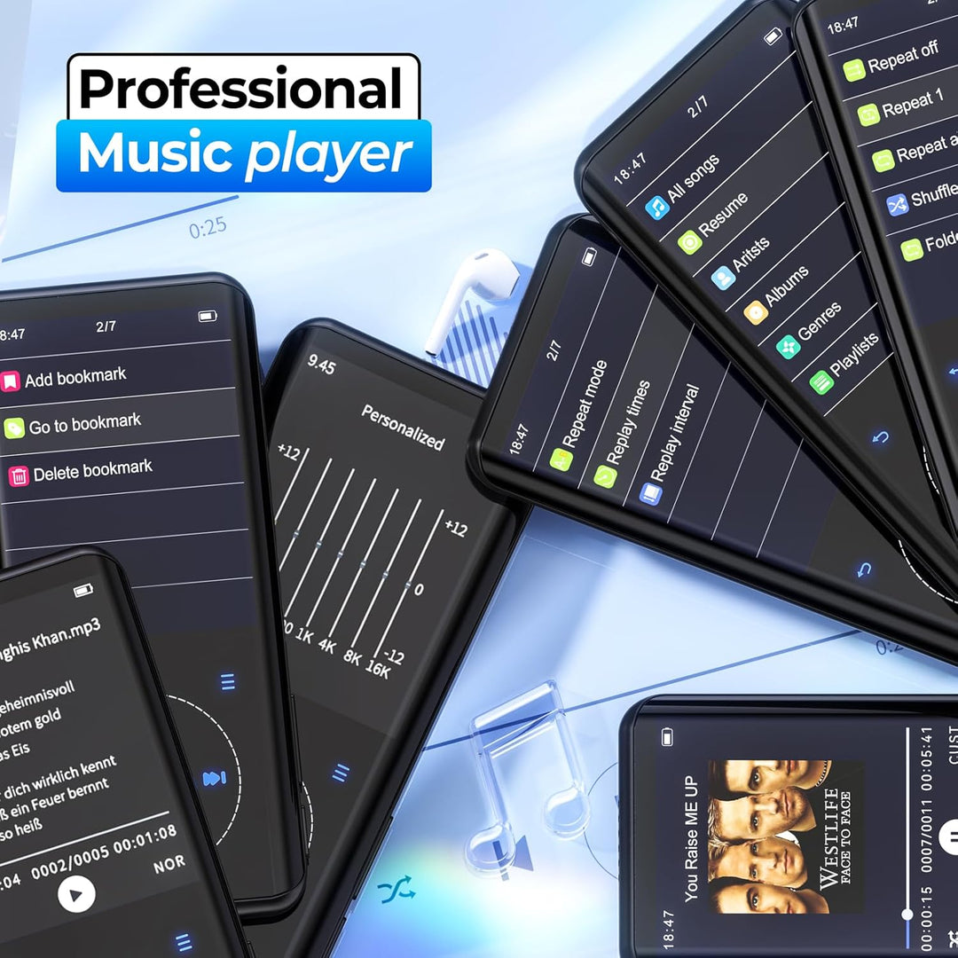 Metallgehäuse 32GB MP3 Player Bluetooth 5.3 mit 2,4 Zoll Display & gebogenem Design, HiFi Sound, Tou