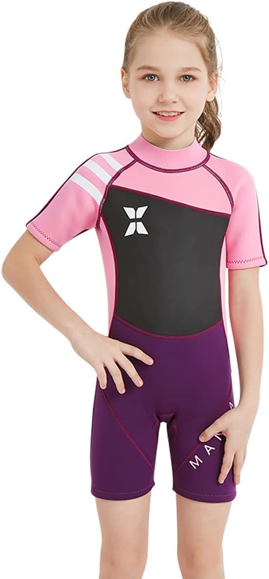 Mädchen 2.5mm Neoprenanzug Kinder Einteiler Tauchanzug Kurzarm Shorty Badeanzug Patchwork Sonnenschu