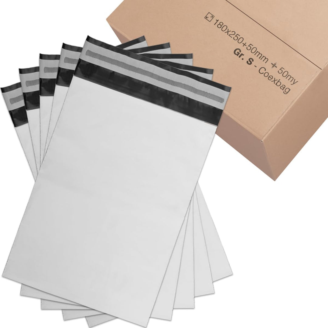 1000 Versandtüten Coex Versandbeutel für Kleidung Versandtaschen 180 x 250 mm [50my] Weiss/Schwarz