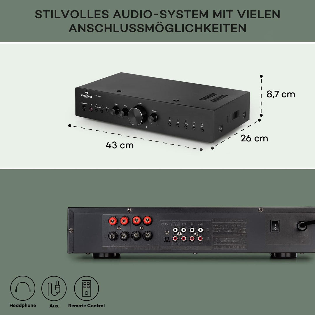 Auna Verstärker, HiFi Stereo Mini Verstärker, HiFi-Verstärker mit Bass & Treble Regler, 2 Kanal Audi