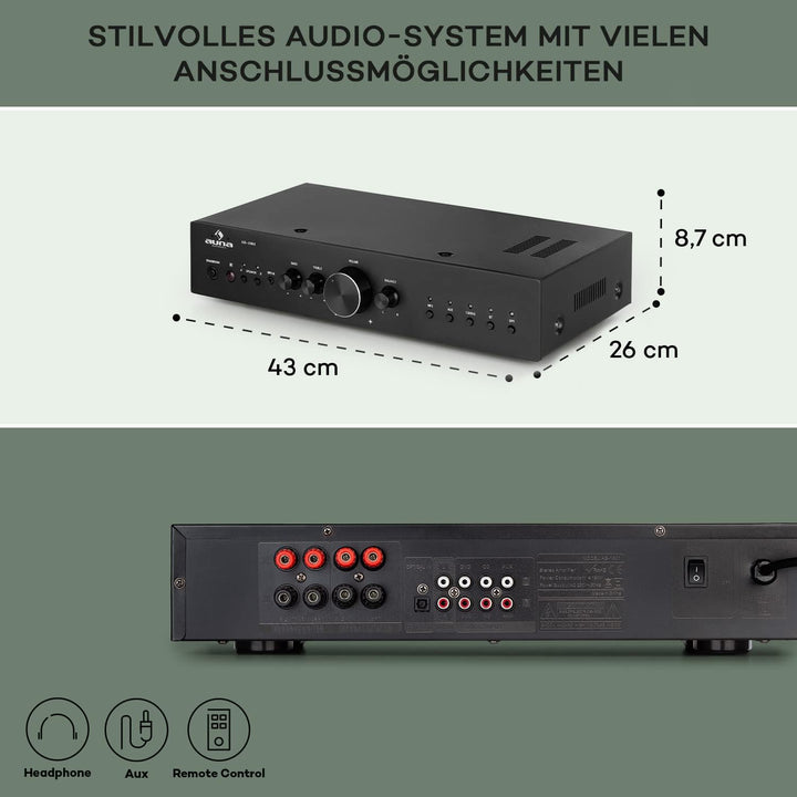 Auna Verstärker, HiFi Stereo Mini Verstärker, HiFi-Verstärker mit Bass & Treble Regler, 2 Kanal Audi