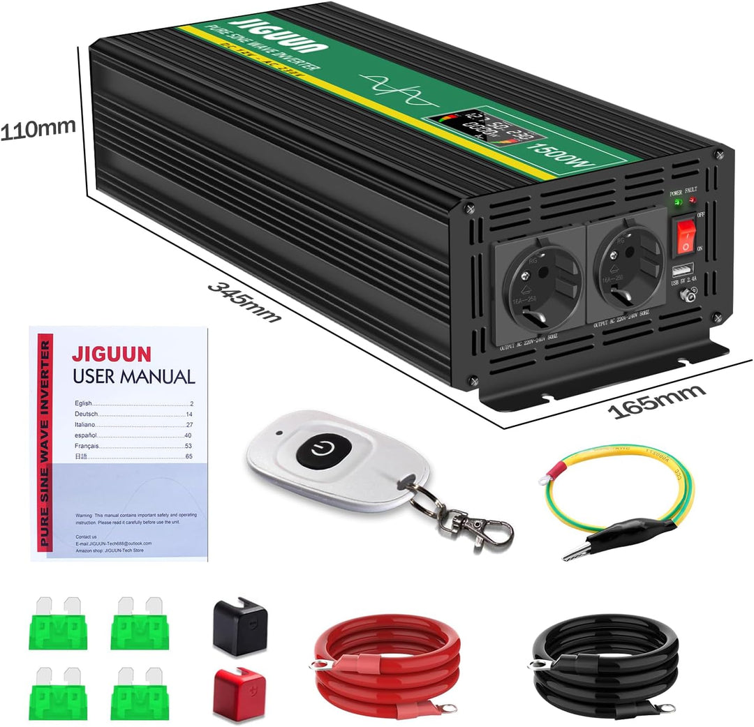 JIGUUN 1500W Wechselrichter Reiner Sinus Spannungswandler 12V 230V Inverter mit 2 EU Steckdosen& 2.1