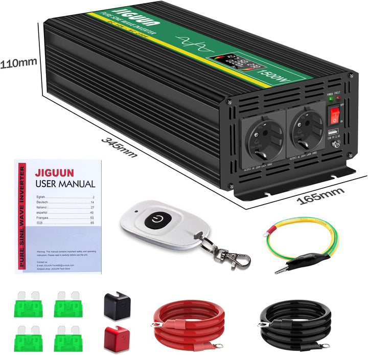 JIGUUN 1500W Wechselrichter Reiner Sinus Spannungswandler 12V 230V Inverter mit 2 EU Steckdosen& 2.1