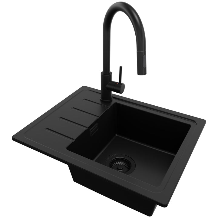 PRIMAGRAN Granitspüle Alles Schwarz 55x44cm, Spülbecken 1 Becken + Küchenarmatur 40x20cm + Ablauf-Se