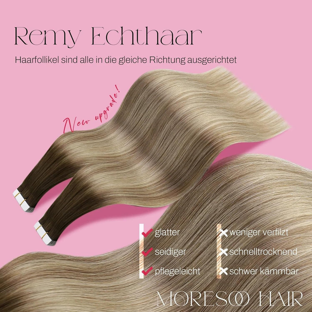 Moresoo Tape Extensions Echthaar Balayage Unsichtbar Haarverlängerung Echthaar Tapes Braun bis Hellb