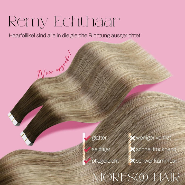 Moresoo Tape Extensions Echthaar Balayage Unsichtbar Haarverlängerung Echthaar Tapes Braun bis Hellb