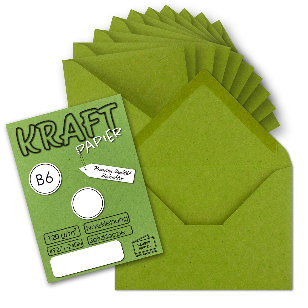 50x Vintage Briefumschläge in hellgrün (grün) DIN B6 125 x 178 mm Kraftpapier 120 g/m² Recycling Nas
