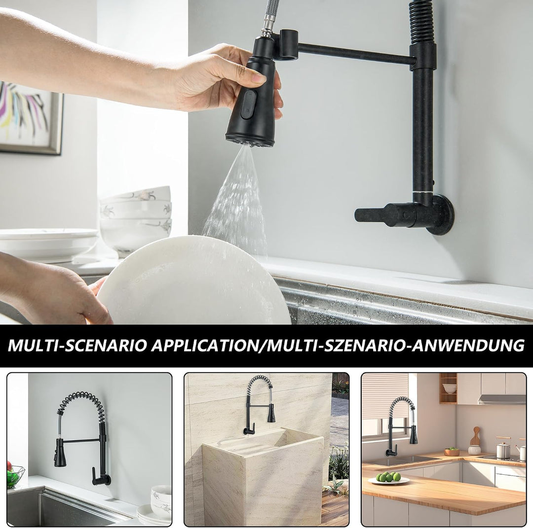 LIWEIKE Wasserhahn Kaltwasser Schwarz, 360° Drehbarer Kaltwasser armaturen mit 3 Strahlarten Wasserh