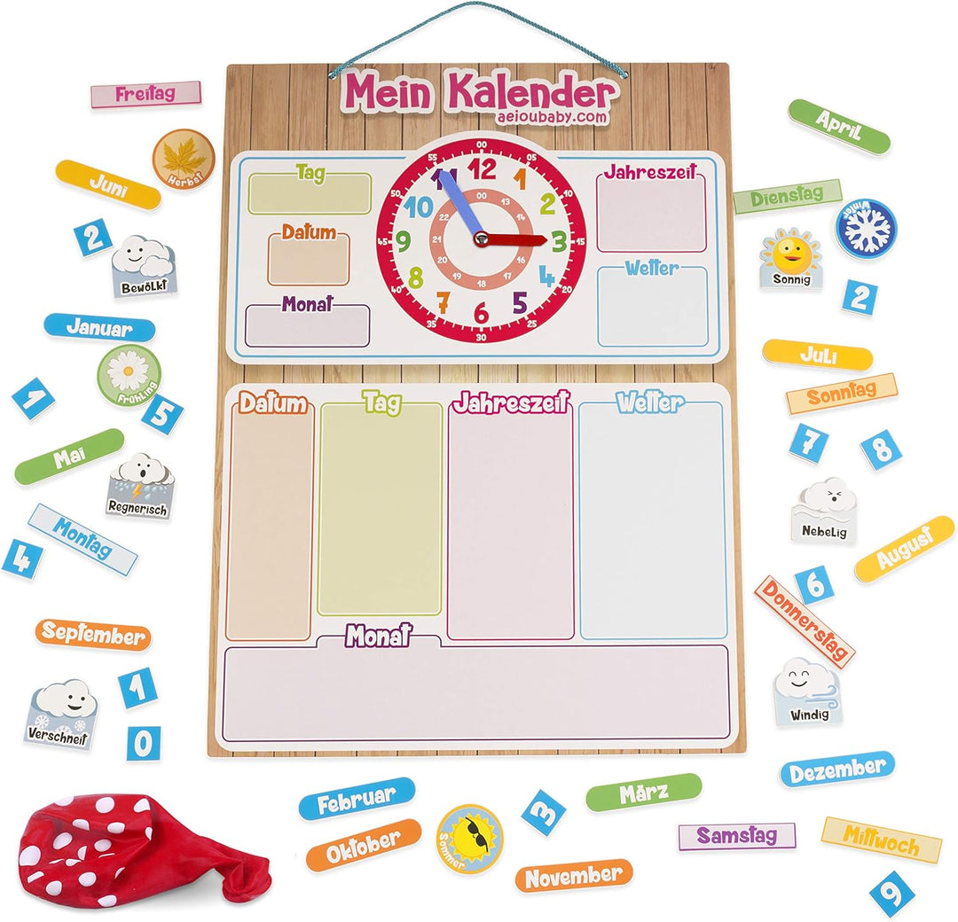 MAGNETISCHE KINDER-KALENDERUHR, Lernspiel Datum Wetter und Zeit für Wand oder Kühlschrank, 43x32cm.