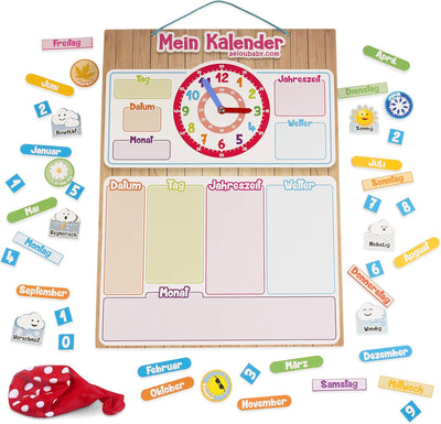 MAGNETISCHE KINDER-KALENDERUHR, Lernspiel Datum Wetter und Zeit für Wand oder Kühlschrank, 43x32cm.