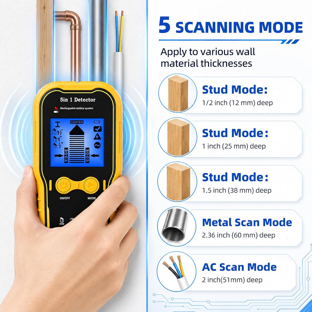 Leitungssucher Ortungsgerät 5-in-1 Wandscanner Detektor mit 1200mAh Akku, Kabelloser Stud Finder für
