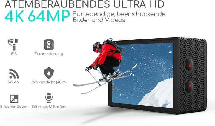 COOAU Action Cam HD 4K 64MP WiFi EIS Stabilisierung mit externem Mikrofon Unterwasserkamera 40M mit