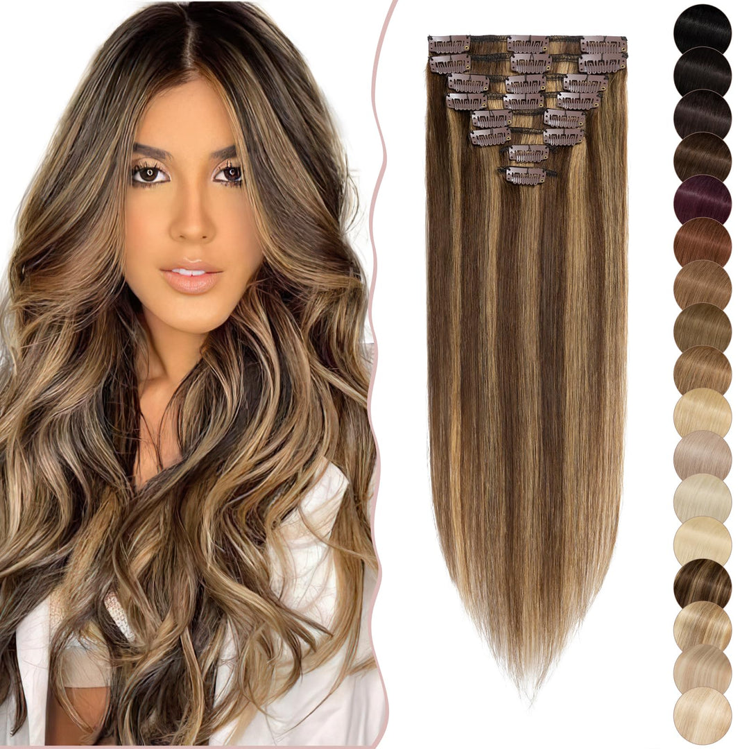 SEGO Clip in Extensions Echthaar Haarverlängerung Haarteil 8 Tressen leicht hitzebeständig glatt Mit