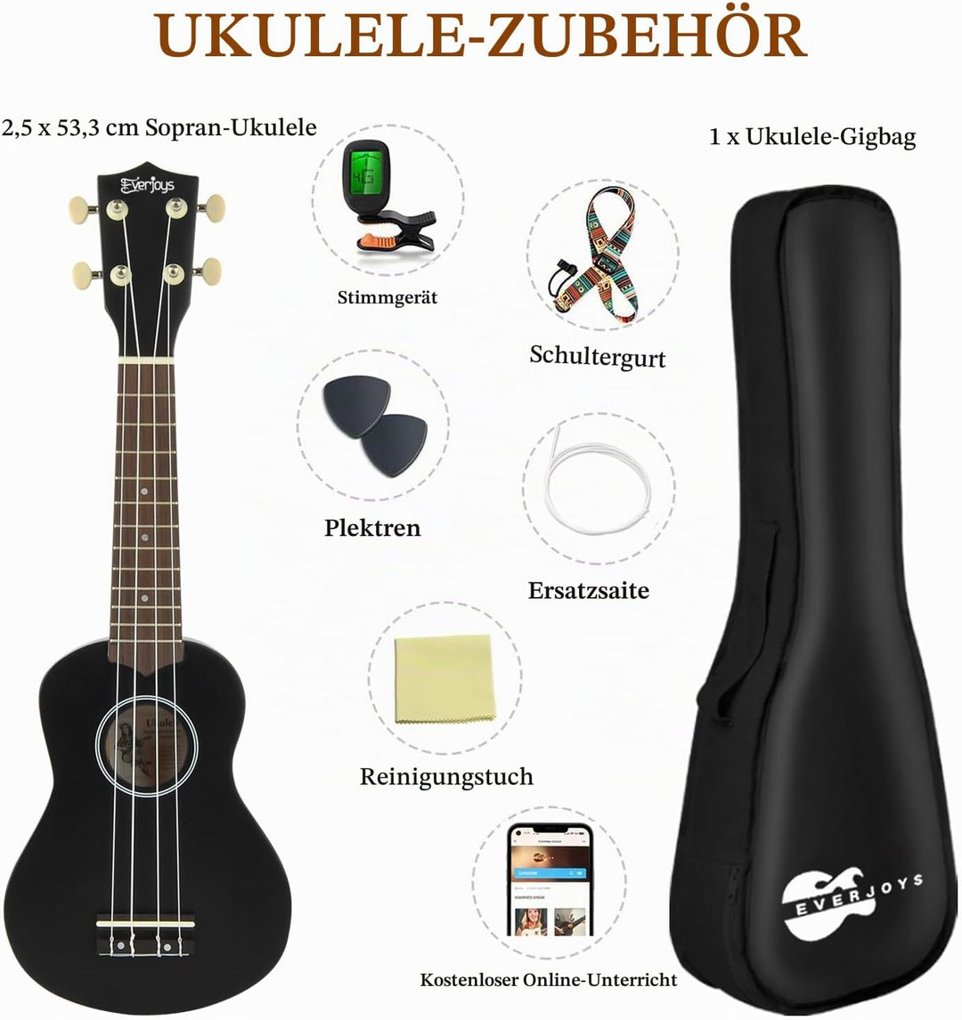 Everjoys Sopran Ukulele Set für Kinder und Erwachsene 21 Zoll Ukulele Starter Kit mit Tasche, Tuner,