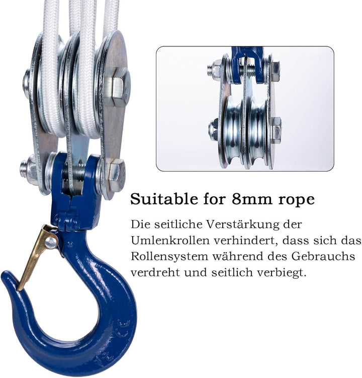 1 Ton Doppelte Umlenkrolle mit Kugellager und Haken, Umlenkrollen für 10mm Seile Stahlseil, für Fors